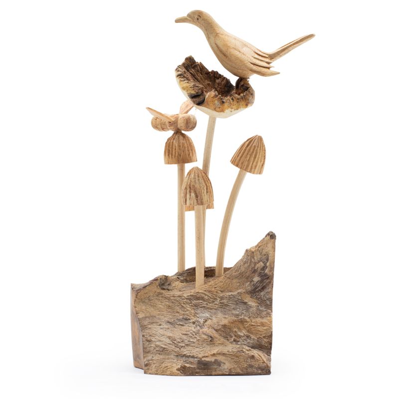 Sculpture en bois artisanale faite à la main - Oiseau et Abeille sur des champignons