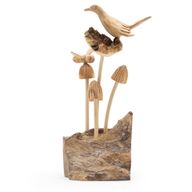 Sculpture en bois artisanale faite à la main - Oiseau et Abeille sur des champignons