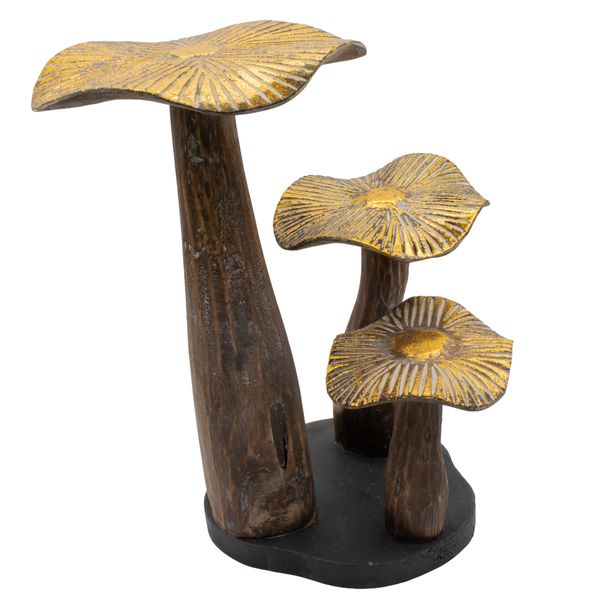 Sculpture Champignons Dorés en Bois – Finition Naturelle – Grand (32 × 25 cm)