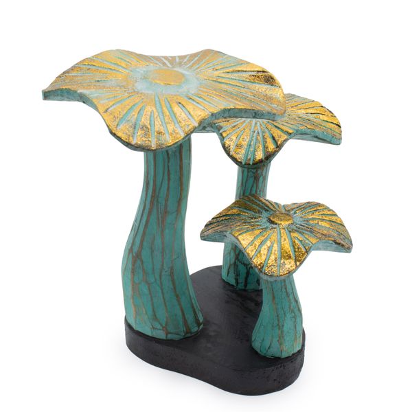 Sculpture Champignons Dorés en Bois – Finition Vert Patiné – Petit (20 × 17 cm)
