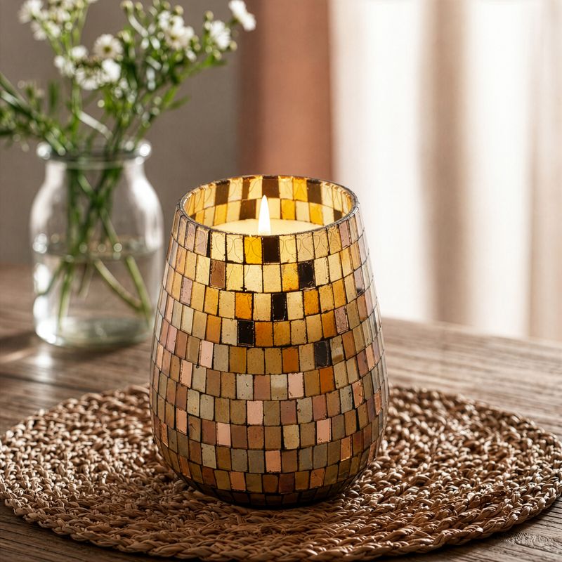 Bougie en Verre Mosaïque Ambre – Grand Modèle