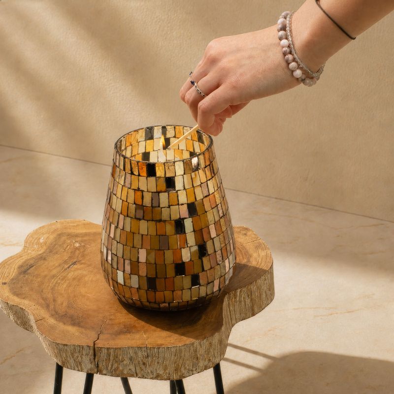 Bougie en Verre Mosaïque Ambre – Grand Modèle