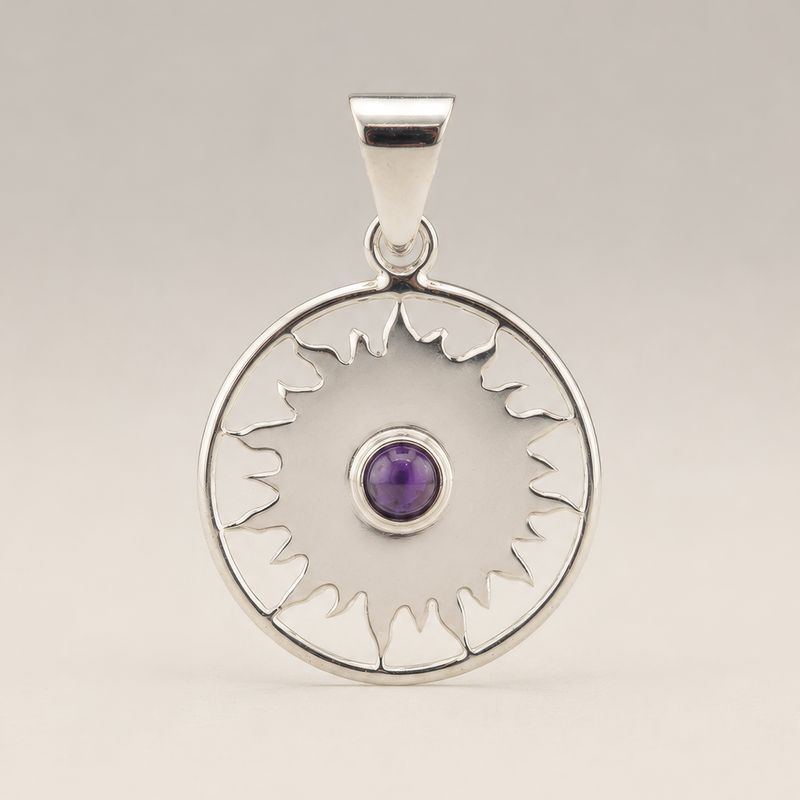 Pendentifs dévotionnels indiens - Plaqué argent (cordon de 45 cm) - Améthyste Sun Worship