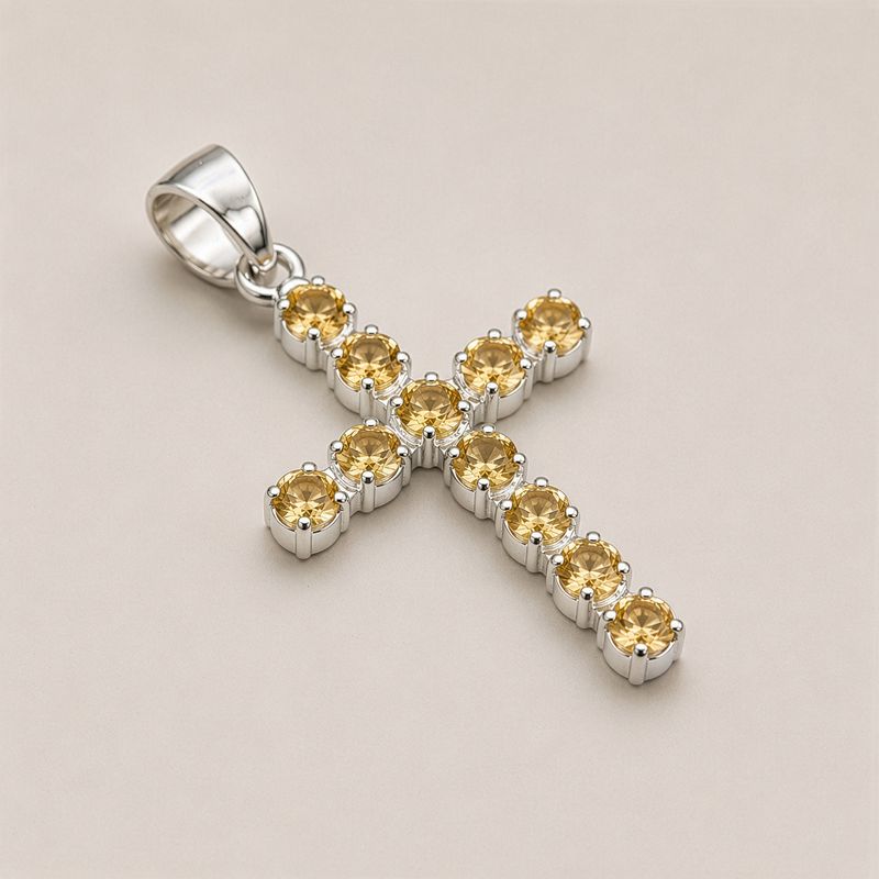 Pendentifs dévotionnels indiens - Plaqué argent (chaîne de 45 cm) - Croix en citrine