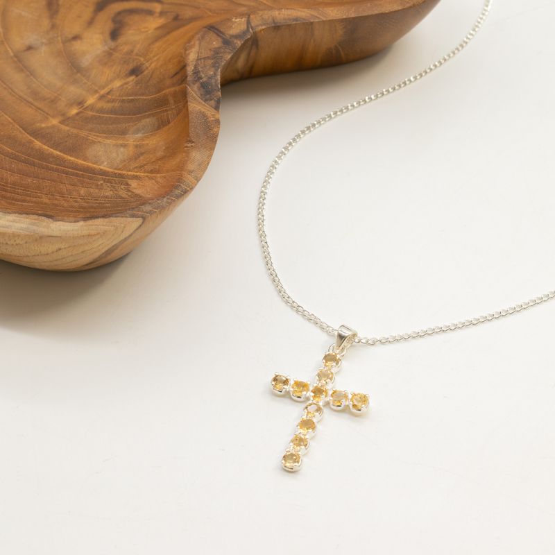Pendentifs dévotionnels indiens - Plaqué argent (chaîne de 45 cm) - Croix en citrine