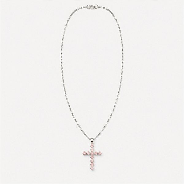 Pendentifs dévotionnels indiens - Plaqué argent (chaîne de 45 cm) - Crucifix en quartz rose