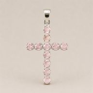 Pendentifs dévotionnels indiens - Plaqué argent (chaîne de 45 cm) - Crucifix en quartz rose