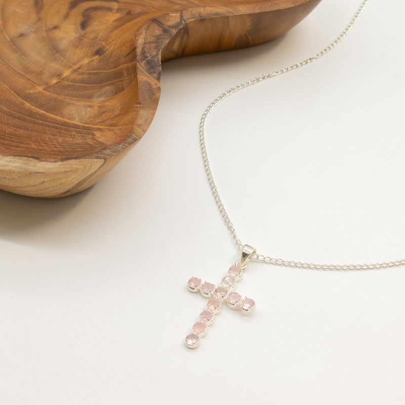 Pendentifs dévotionnels indiens - Plaqué argent (chaîne de 45 cm) - Crucifix en quartz rose