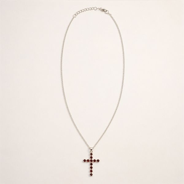 Pendentifs dévotionnels indiens - Plaqué argent (chaîne de 45 cm) - Crucifix en grenat