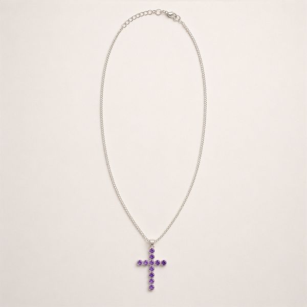 Pendentifs dévotionnels indiens - plaqué argent (chaîne de 45 cm) - crucifix en améthyste