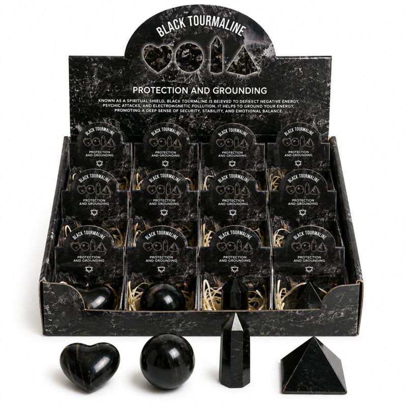 Gemmes Assorties en Présentoir Prêt à la Vente – Tourmaline Noire
