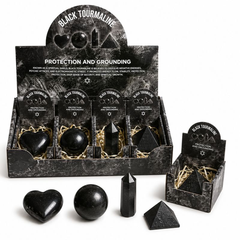 Gemmes Assorties en Présentoir Prêt à la Vente – Tourmaline Noire