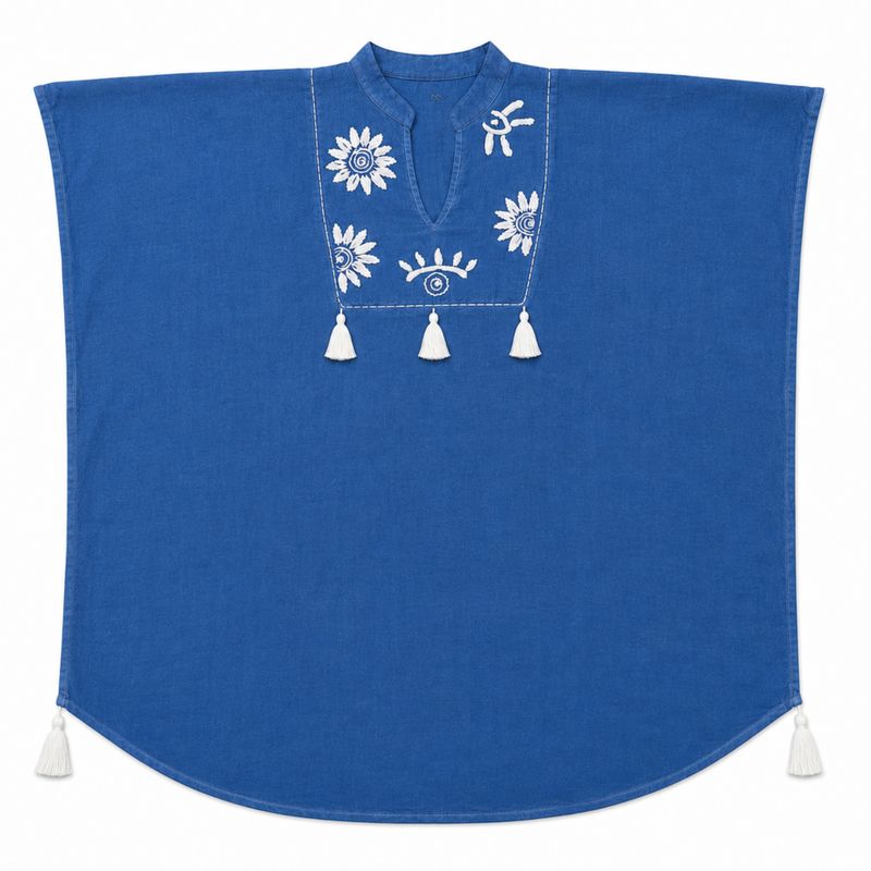 Nomad Sari dans la collection Méditerranée - Kaftan - bleu avec broderie crème et franges
