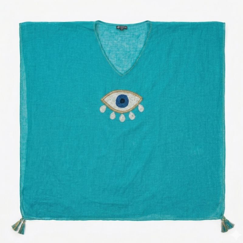 Nomad Sari - Collection On the Med - Kaftan - Turquoise avec Or et Blanc, Grand Œil Porte-Bonheur