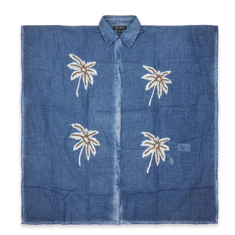 Nomad Sari Collection Sur la Méditerranée - kaftan - Bleu avec décor de palmiers dorés et blancs