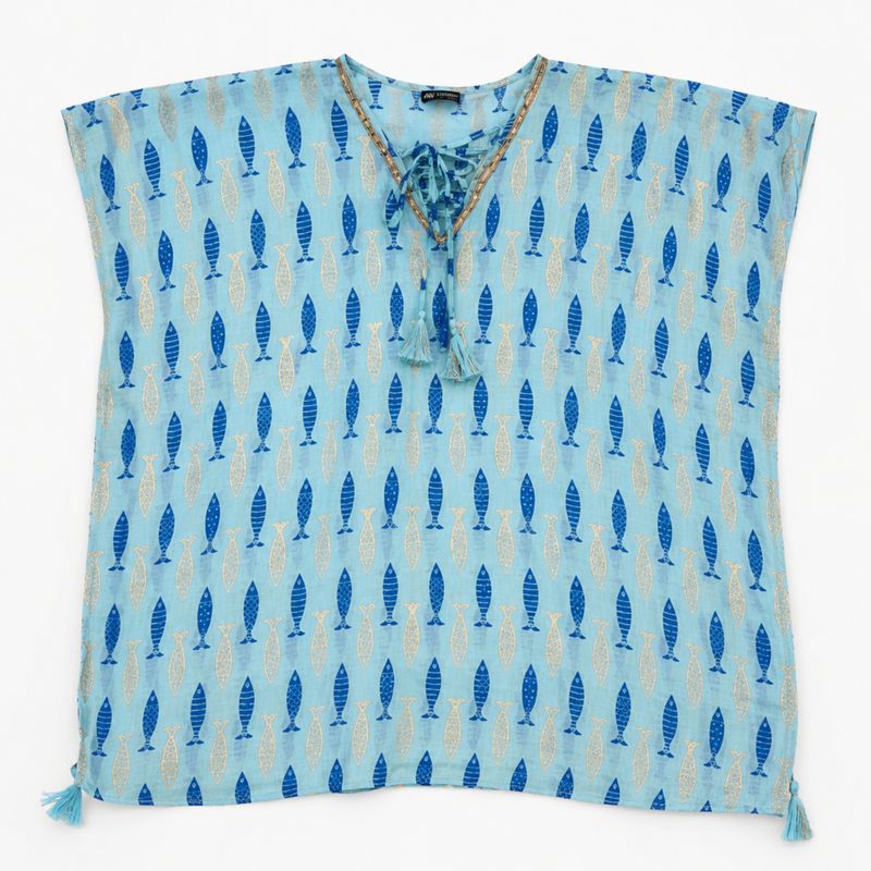 Nomad Sari Dans la collection Méditerranée - Caftan - Imprimé de poissons turquoises et bleus