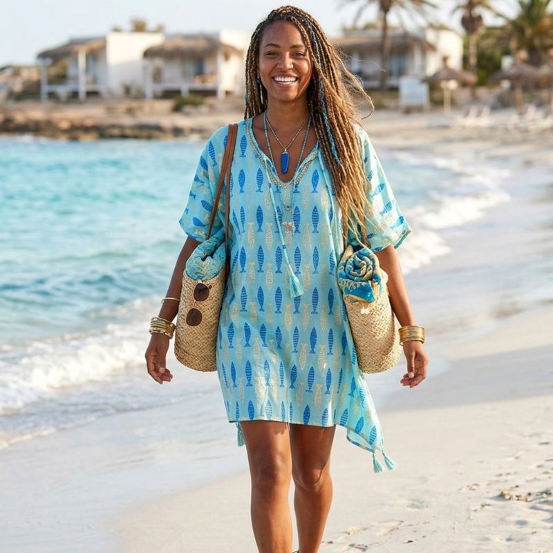 Nomad Sari Dans la collection Méditerranée - Caftan - Imprimé de poissons turquoises et bleus