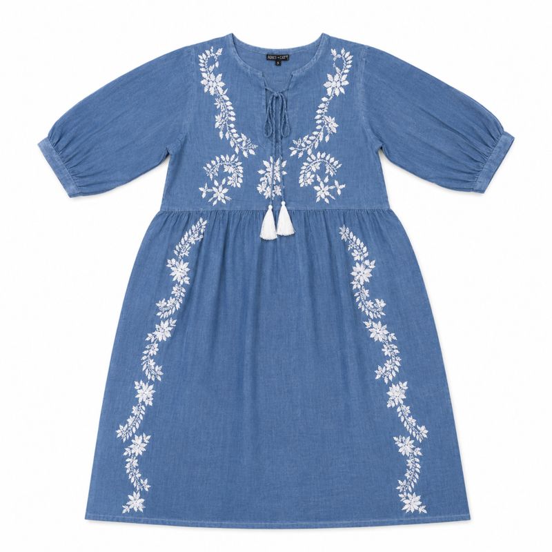 (M-L) Nomad Sari On the Med Collection - Robe - bleu grisâtre avec broderie et frange
