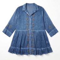 (M-L) Nomad Sari de la collection On the Med - Robe tunique - Bleu grisâtre avec imprimé en bloc œil turc