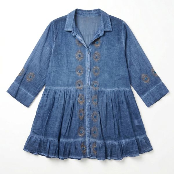 (M-L) Nomad Sari de la collection On the Med - Robe tunique - Bleu grisâtre avec imprimé en bloc œil turc