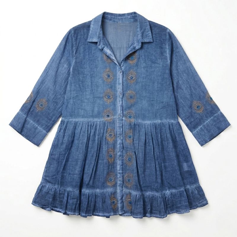 (M-L) Nomad Sari de la collection On the Med - Robe tunique - Bleu grisâtre avec imprimé en bloc œil turc