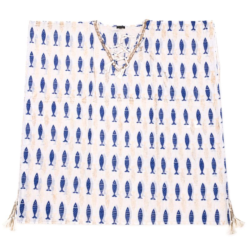 Nomad Sari On the Med Collection - Kaftan - Motif poissons blancs et bleus audacieux