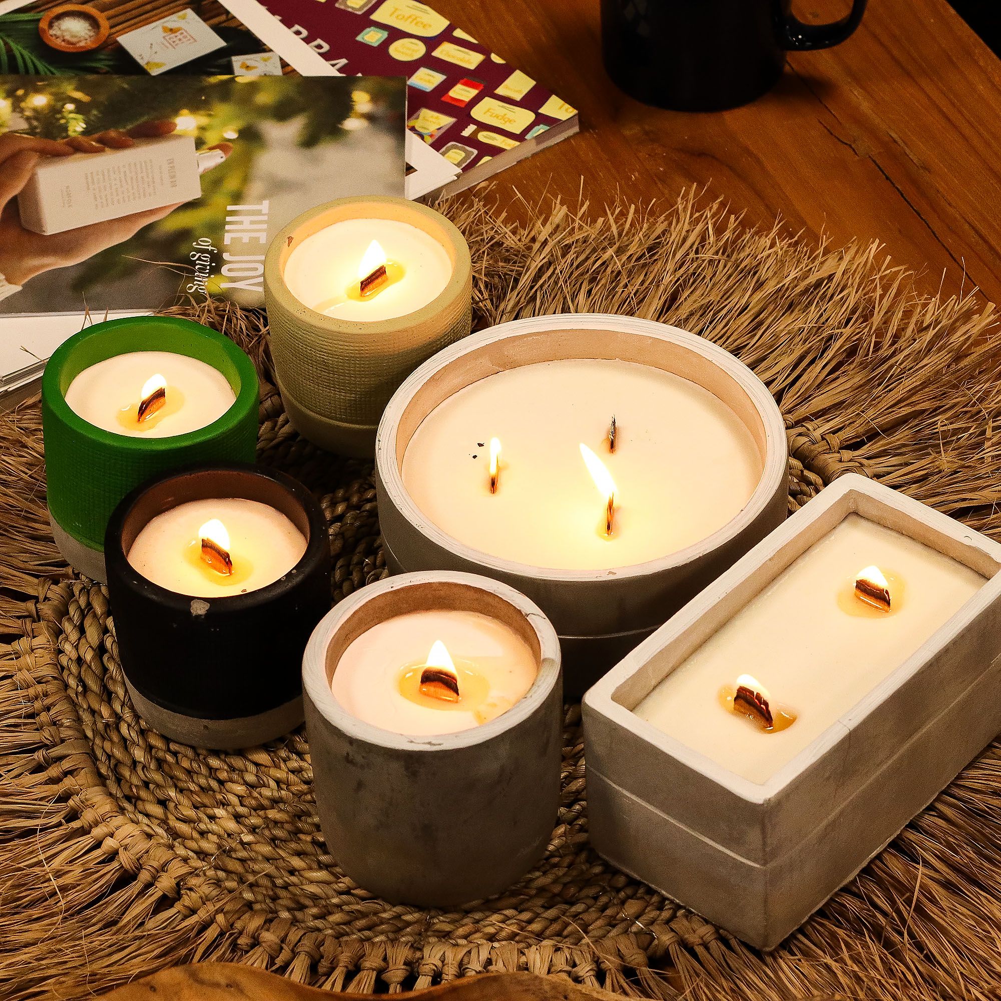 Bougies en Béton à Mèche en Bois