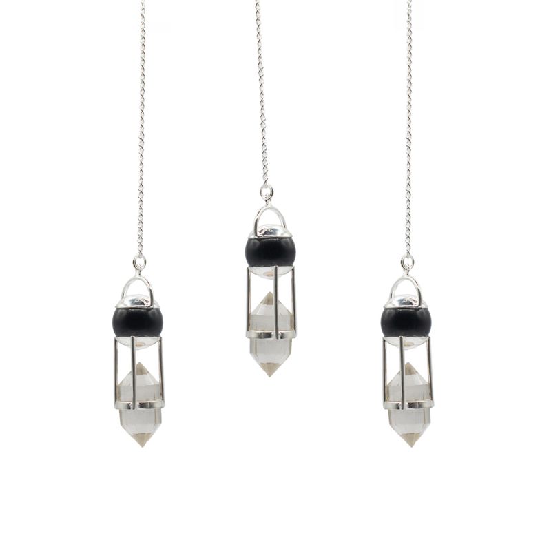 Le Voyant des Ombres – Pendule Double Énergie – Sphère d'Obsidienne & Cristal de Roche Double Terminaison