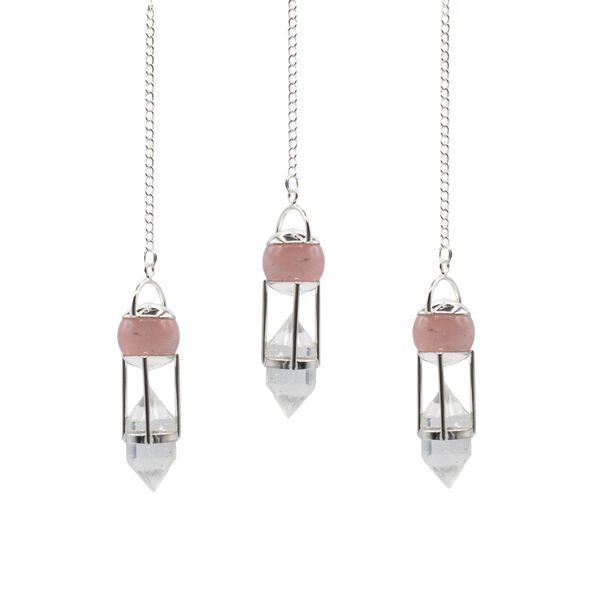 Le Murmure du Cœur – Pendule Double Énergie – Sphère de Quartz Rose & Cristal de Roche Double Terminaison