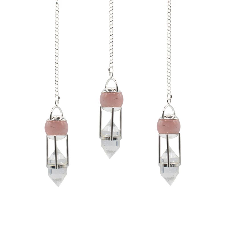 Le Murmure du Cœur – Pendule Double Énergie – Sphère de Quartz Rose & Cristal de Roche Double Terminaison