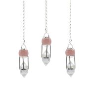 Le Murmure du Cœur – Pendule Double Énergie – Sphère de Quartz Rose & Cristal de Roche Double Terminaison