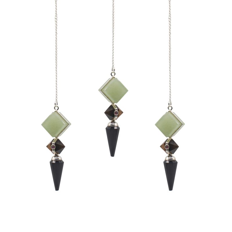 Le Bâtisseur des Mondes – Pendule Triple – Agate Noire, Aventurine Verte & Œil de Tigre
