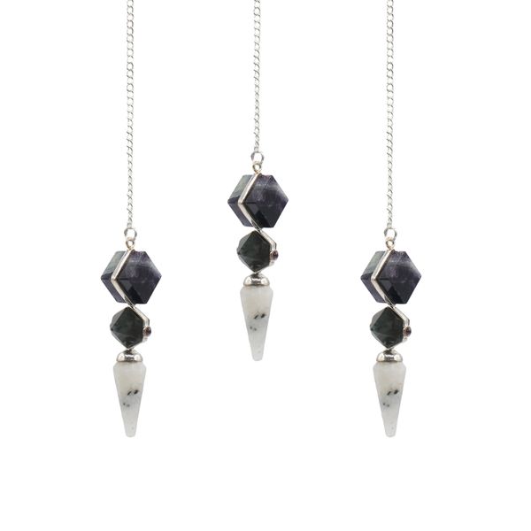 Le Portail Psychique – Pendule Triple – Fluorite Multicolore, Labradorite & Pierre de Lune Arc-en-ciel