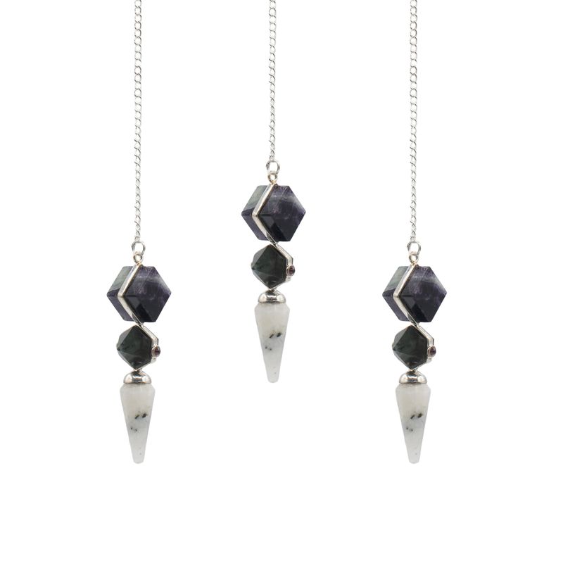 Le Portail Psychique – Pendule Triple – Fluorite Multicolore, Labradorite & Pierre de Lune Arc-en-ciel