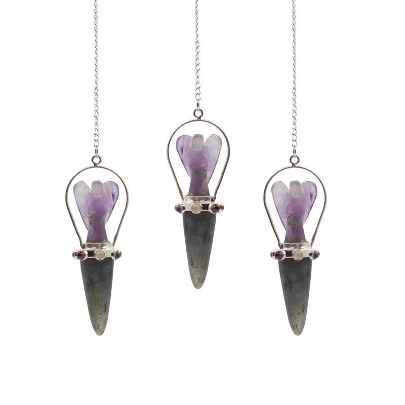 Le Marcheur des Voiles – Pendule Ange Double – Bande Chakra – Labradorite & Améthyste