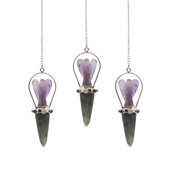 Le Marcheur des Voiles – Pendule Ange Double – Bande Chakra – Labradorite & Améthyste