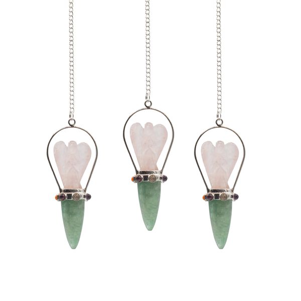 L'Oracle du Cœur – Pendule Ange Double – Bande Chakra – Quartz Rose & Aventurine Verte
