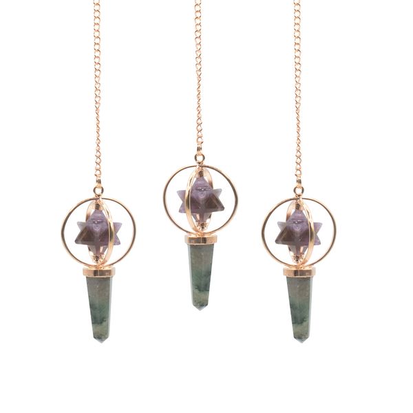 Le Navigateur Cosmique – Pendule Merkaba Rotatif Double – Améthyste & Labradorite