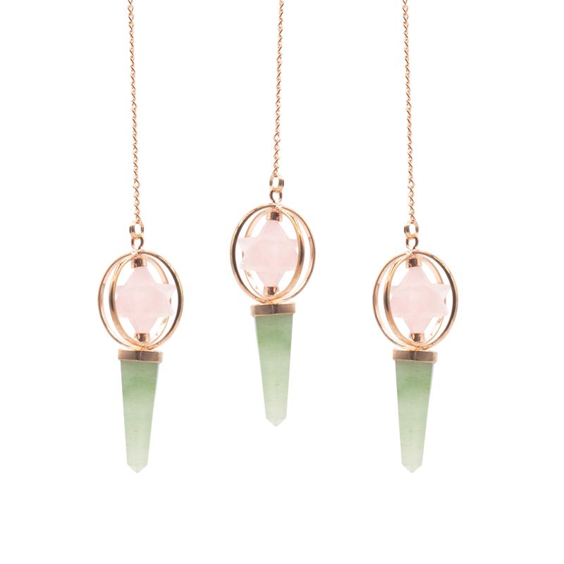 La Boussole du Cœur – Pendule Merkaba Rotatif Double – Quartz Rose & Aventurine Verte