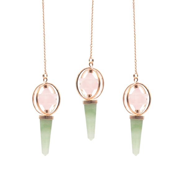 La Boussole du Cœur – Pendule Merkaba Rotatif Double – Quartz Rose & Aventurine Verte