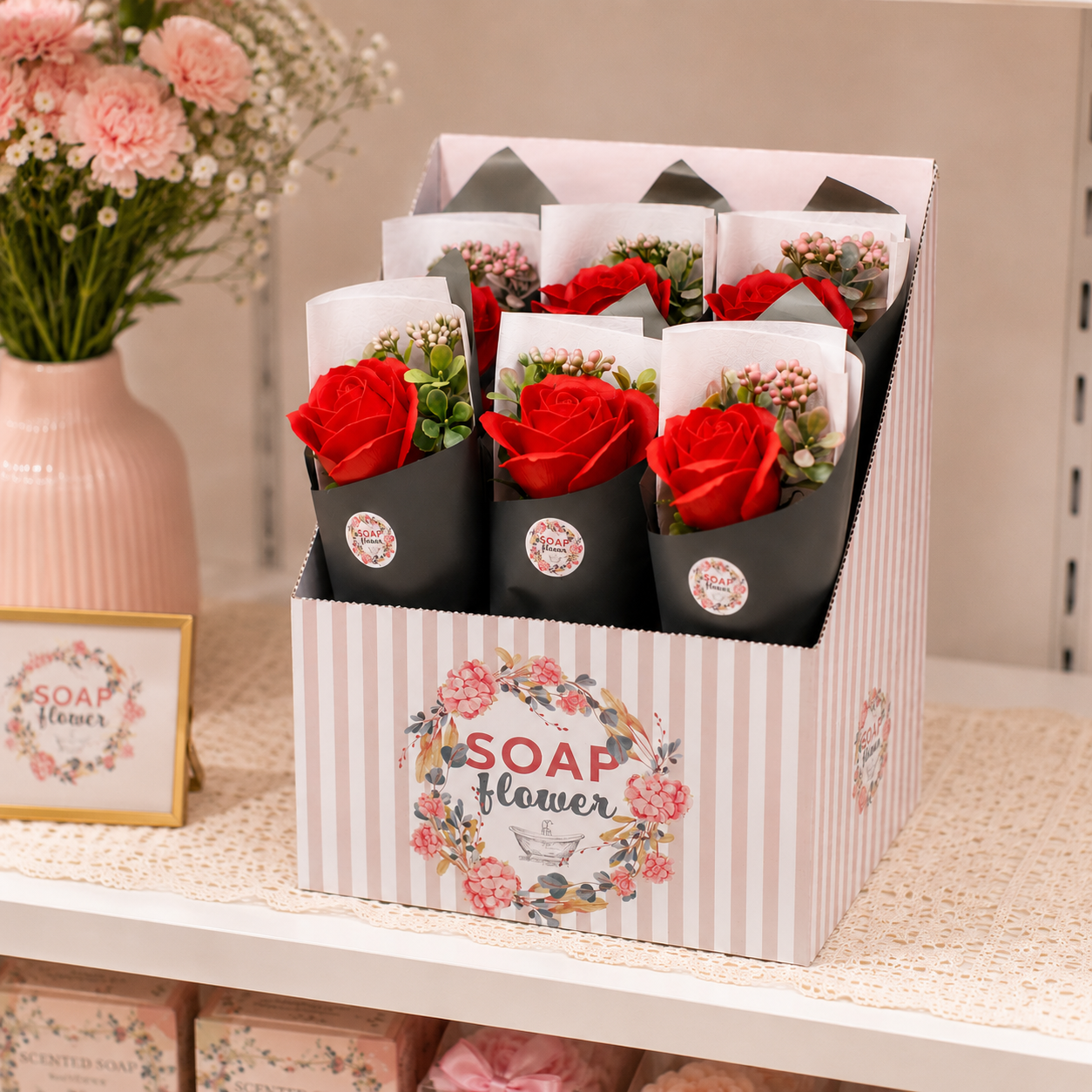 Fleurs de Savon Individuelles en Présentoir