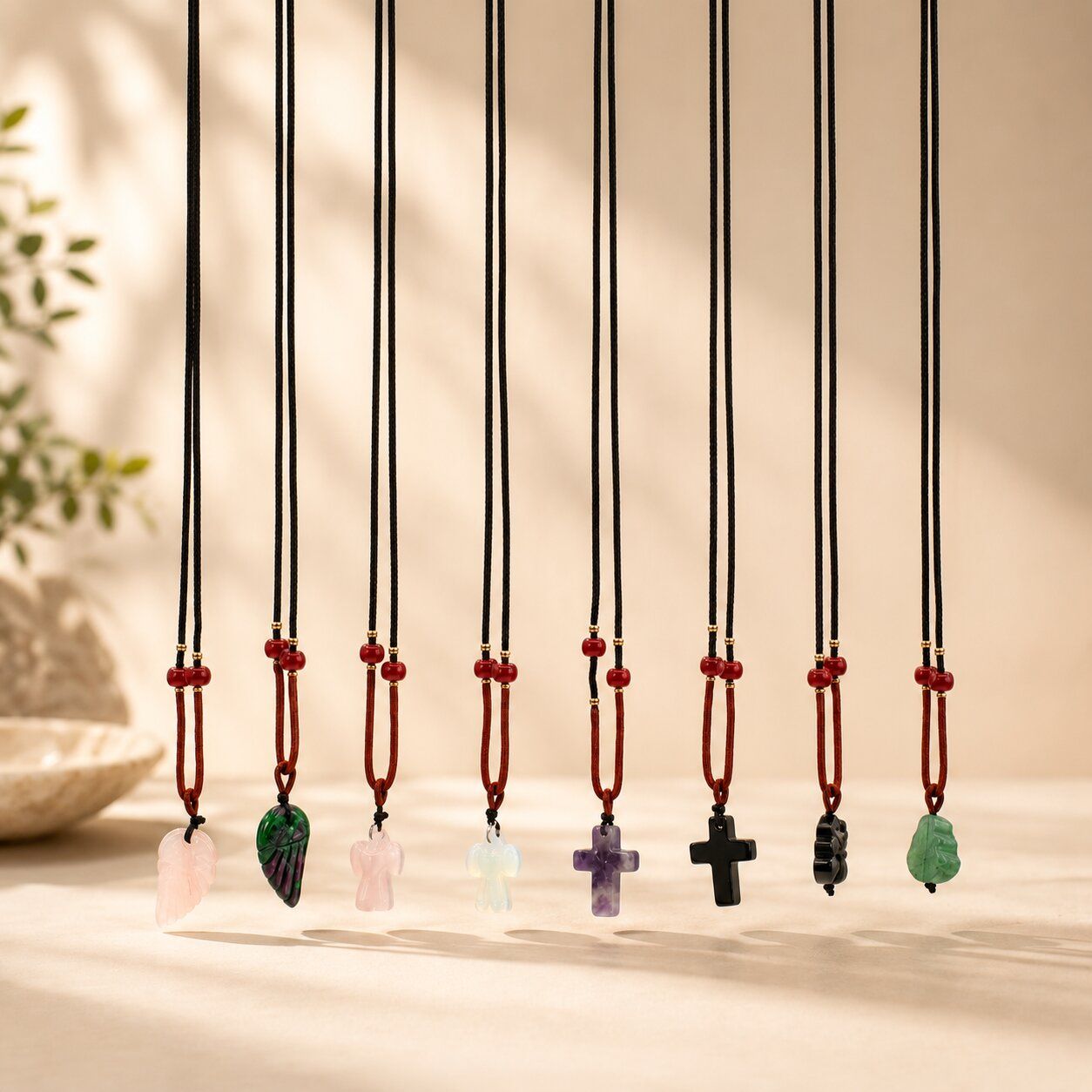 Collier à cordon avec pendentifs en pierres précieuses
