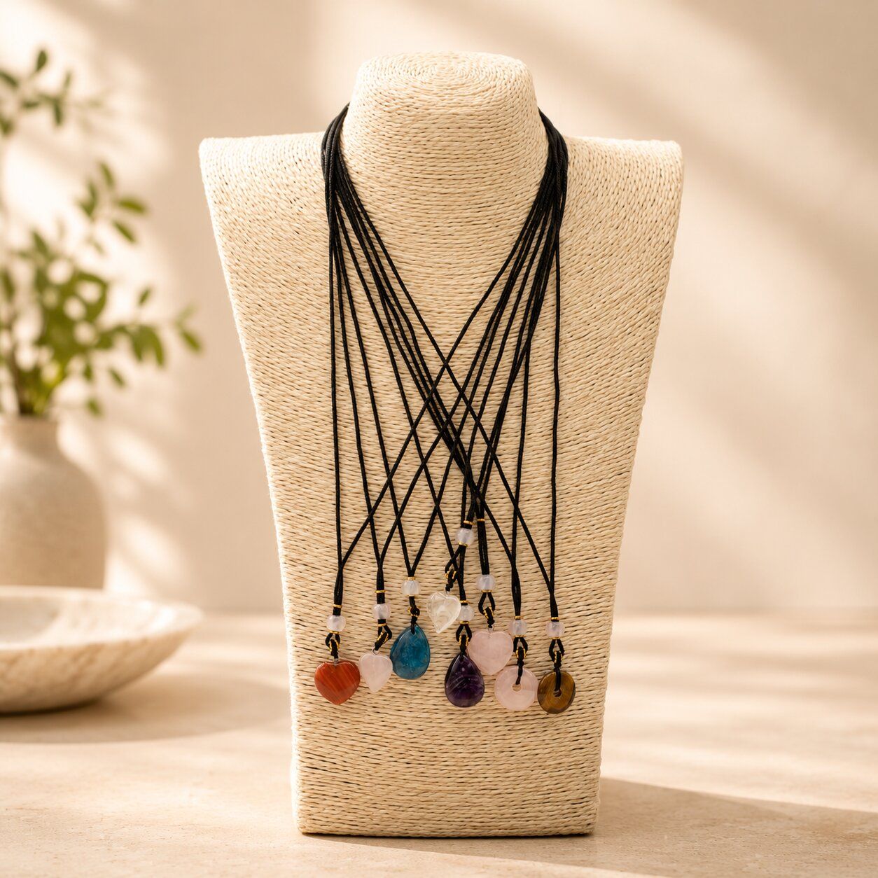 Collier à cordon avec pendentifs en pierres précieuses
