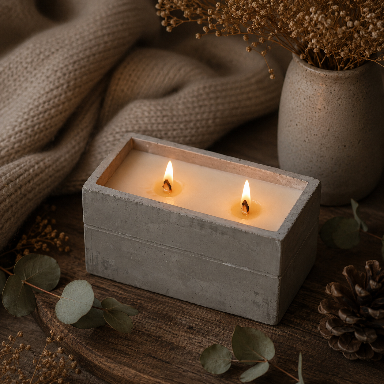 Bougies en Béton à Mèche en Bois