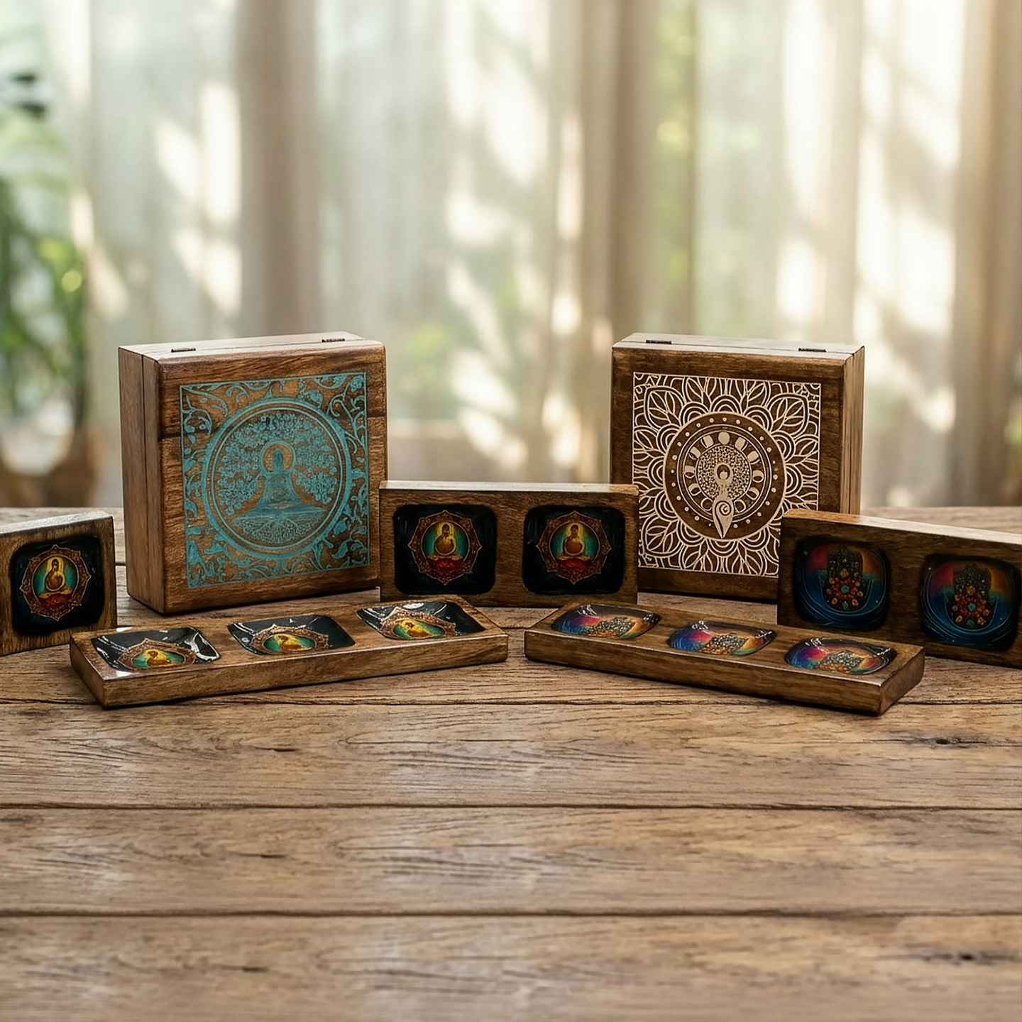 Boîtes et Plateaux en Bois Bouddha & Hamsa