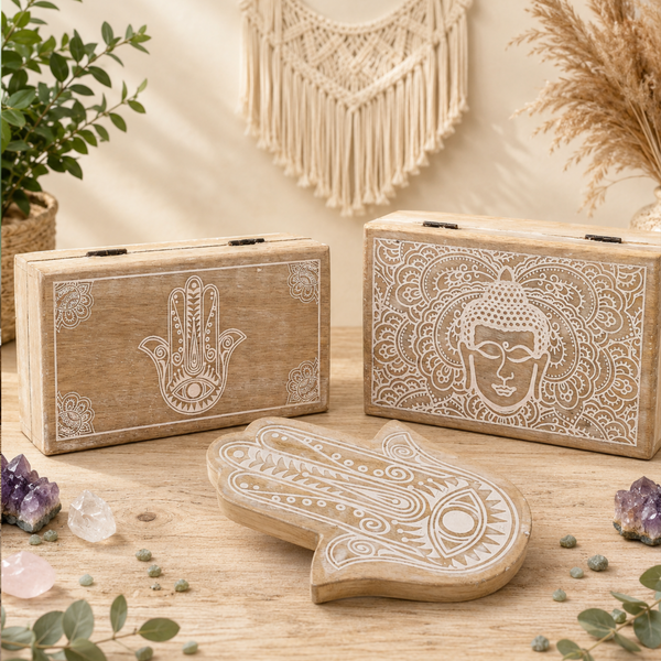 Boîtes et Plateaux en Bois Bouddha & Hamsa