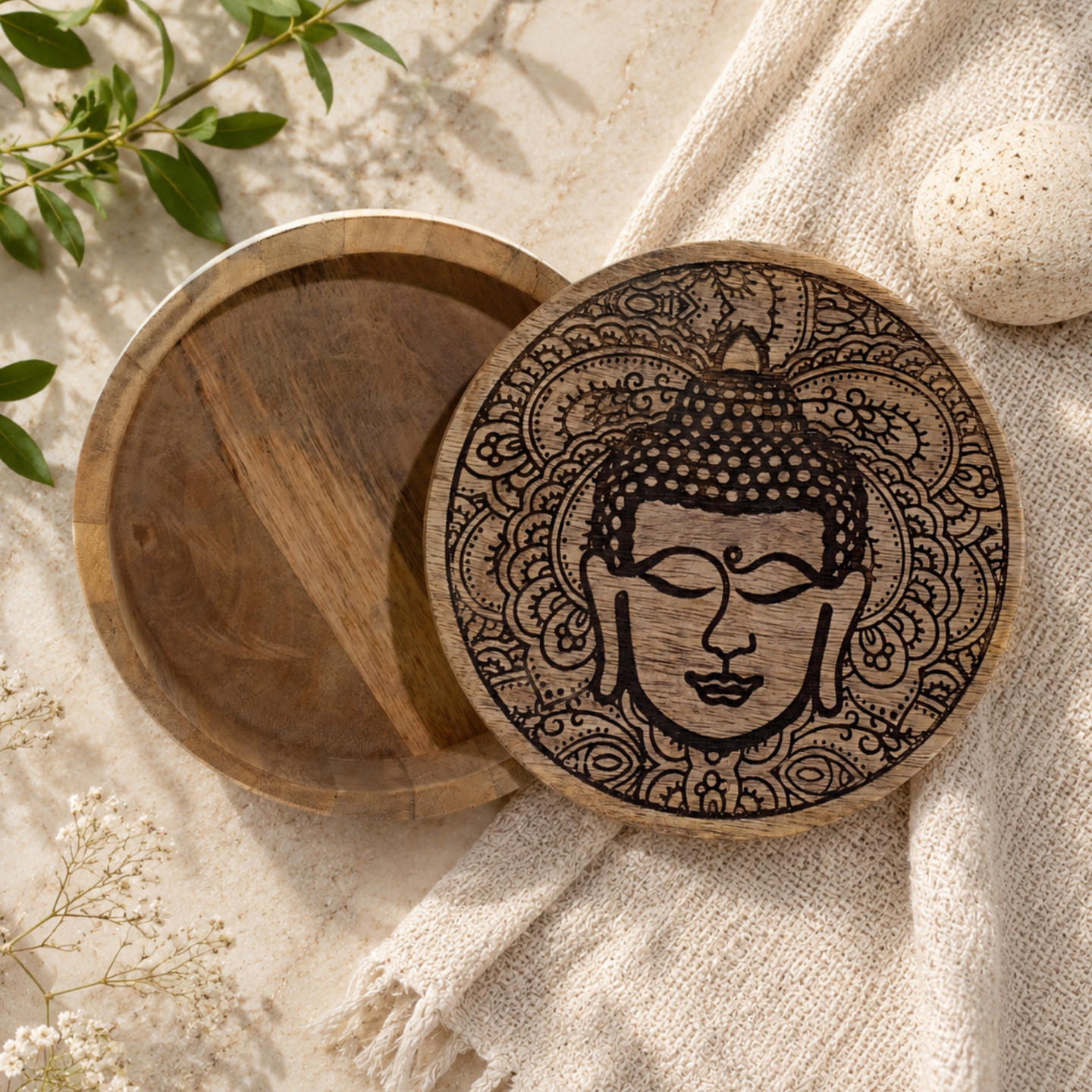 Boîtes et Plateaux en Bois Bouddha & Hamsa