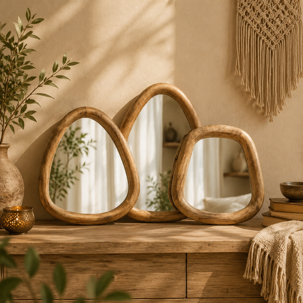 Miroirs bois artisanaux en forme de galets
