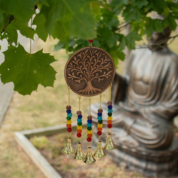 Carillons Indiens - Moyen Arbre de Vie - Perles Chakra 5 Clochettes - 10x36 cm