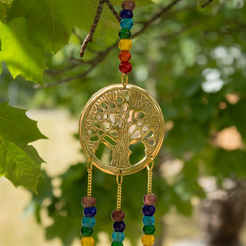Carillons indiens - Arbre de Vie en laiton avec des perles de chakra - 3 cloches - 6,5 × 31 cm